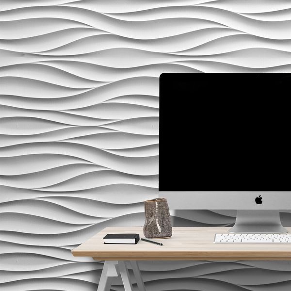 Декоративна гіпсова 3D панель CASCADE у домашньому офісі, хвилястий рельєф на акцентній стіні за робочим місцем. 3d панели BeautyWalls в интерьере домашнего офиса.